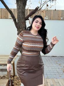 SHEIN Privé Plus Size Vrouwen Gestreept Casual Basic Lange Mouw Ronde Hals T-shirt, Laagjes Of Los, Geschikt Voor Vakantie, Nieuwjaar, Feest, Elegante College Stijl