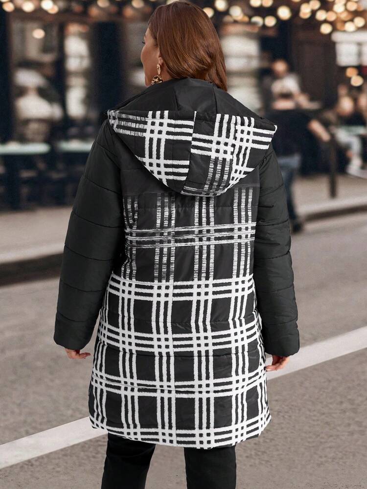 Plus Size Winter Women Front Zipper Solid Color Patchwork Long Sleeve Simple Casual Hooded Padded Coat