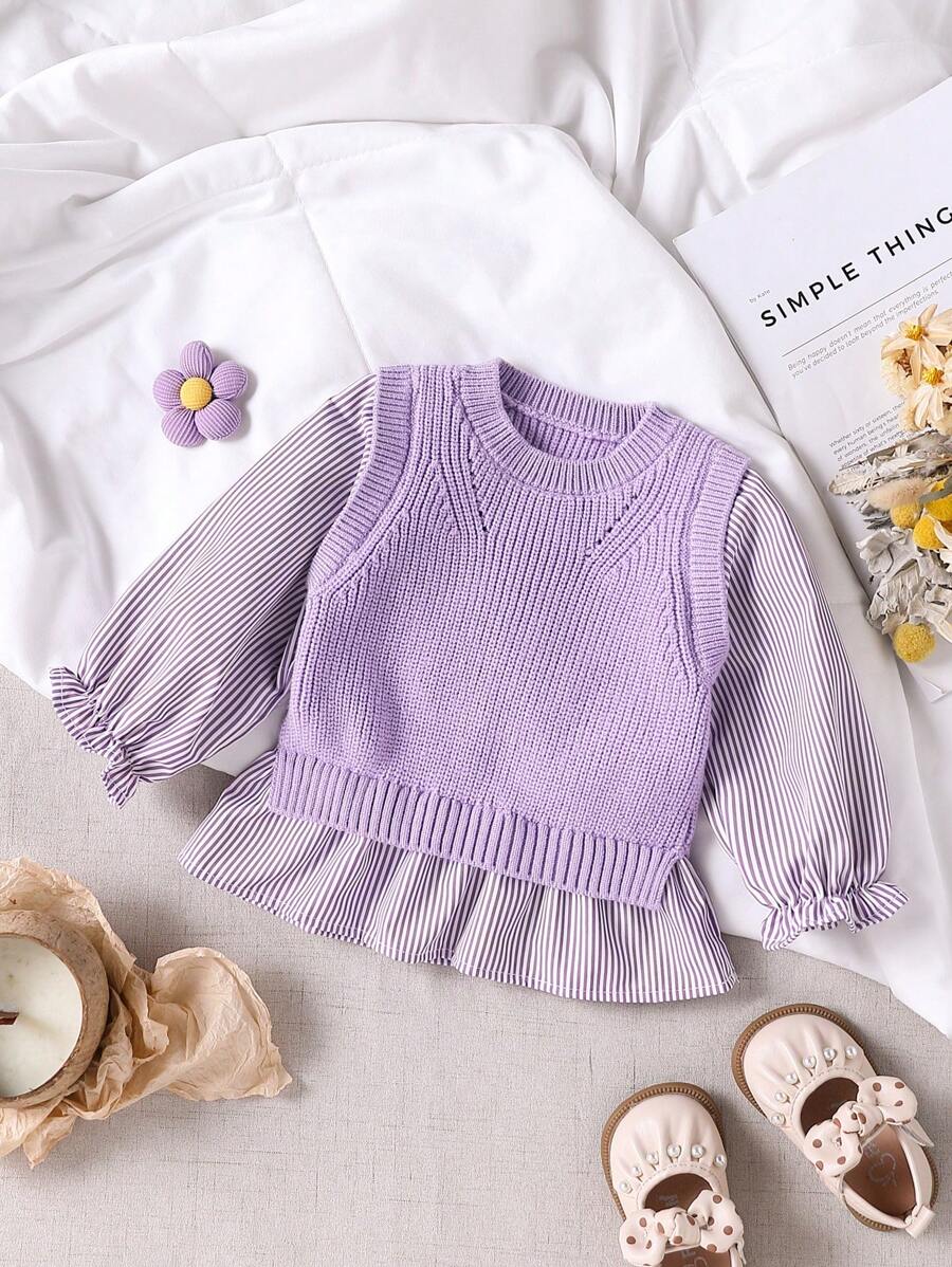 SHEIN Vintaside Kids 女婴撞色条纹圆领长袖二合一可爱毛衣,适合秋冬季。让她们在日常生活中展现可爱活泼的一面。适合妈妈和宝宝休闲居家时光、外出和聚会。 - 淡紫色 - 查看 1