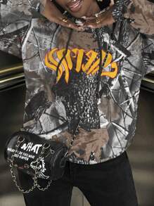 SHEIN Slayr 女士秋季休闲日常树枝和字母印花抽绳连帽衫 - 彩色 - 查看 1