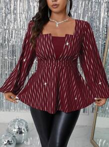 Allurite Plus Size Metallic Foil Fabric Cut-Out Structure Waist Gathered A-Line Long Sleeve Shirt Peplum Top