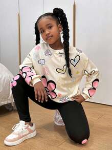 SHEIN Leap Crew SLAYR KIDS 少女休闲时尚可爱针织圆领印花长袖卫衣和打底裤两件套 - 彩色 - 查看 4