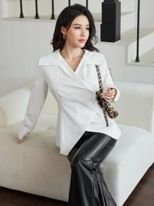 Modelyn 大翻领不对称下摆修身长袖女式衬衫 - 白色 - 查看 5