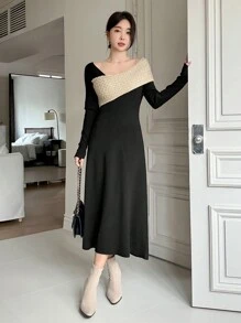 DAZY 1pc Women Asymmetric Contrast Color Sweater Dress Off Shoulder,Fall Clothes - Black - View 3