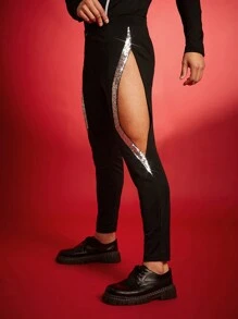 FeverCity 亮片装饰镂空紧身时尚男士长裤