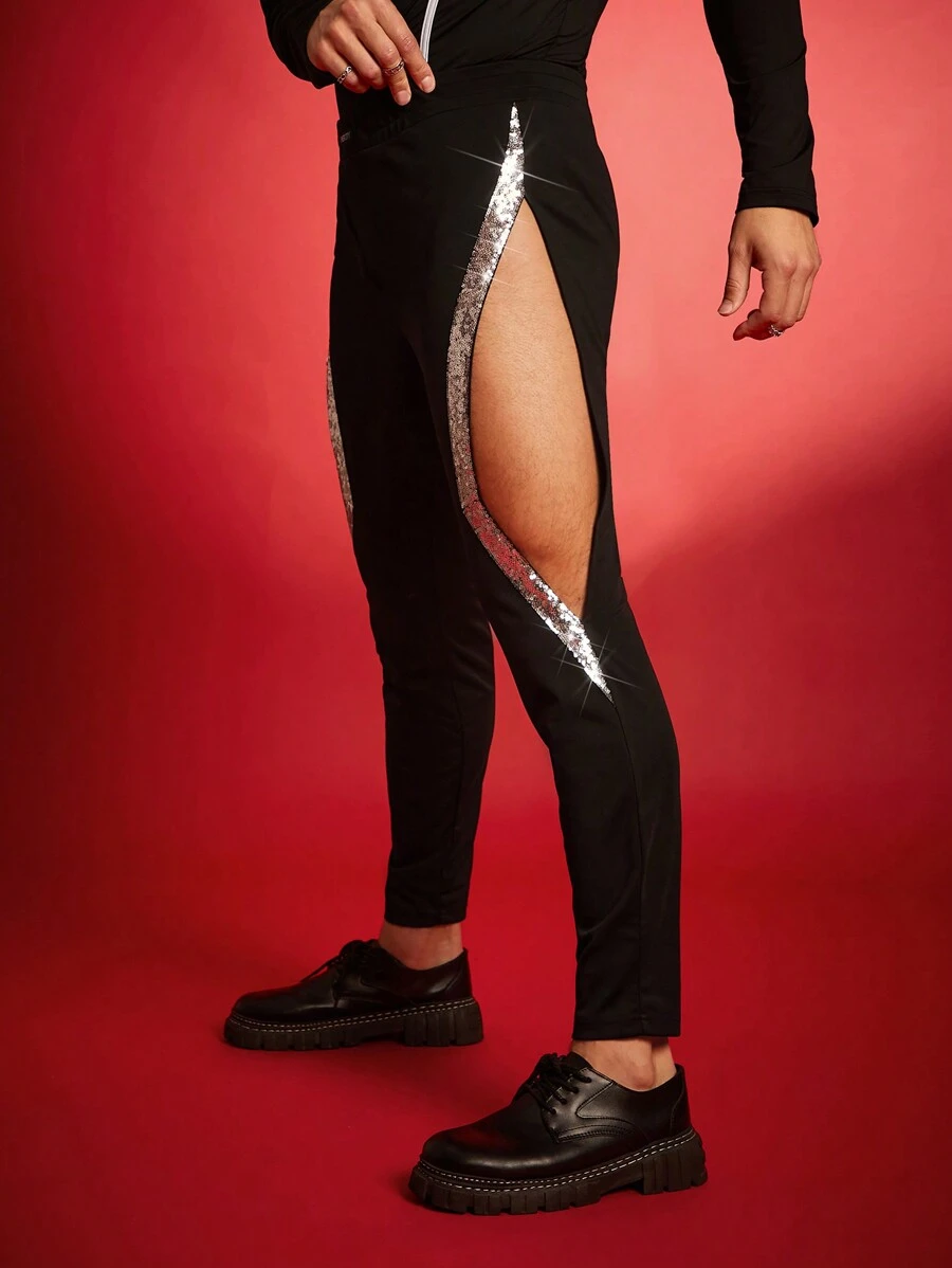FeverCity 亮片装饰镂空紧身时尚男士长裤
