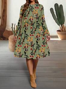EMERY ROSE Casual Minimalist Bodycon Round Neck Long Sleeve Plus Size Dress, Suitable For Autumn/Winter