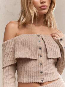 MISSGUIDED Ribbed Button Front Off Shoulder Co Ord Set Long Sleeve Crop Top High Waist Flare Pants Winter Fall Spring Casual Outfit - Khaki - View 3