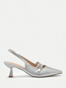 CUCCOO BIZCHIC Women's Pointed Toe Cut-Out Double Strap Buckle Stiletto Heels, Faux Leather Silver Mid-Heel Pumps For Work, Office, Formal Occasions For Christmas And New Year Holiday Vibe Fall And Winter - Silver - View 2