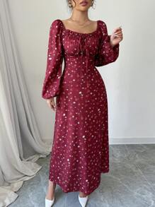 Mulvari Women Casual Ditsy Floral Lantern Sleeve Dress, Autumn For New Year Clothes Maxi Women Outfit