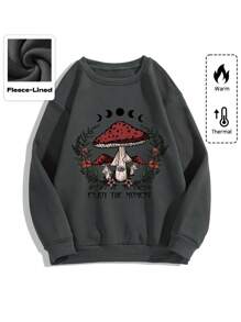 ROMWE Goth Women's Drop Shoulder Mushroom & Letter Print Sweatshirt, School,Long Sleeve Tops - Grey - View 1