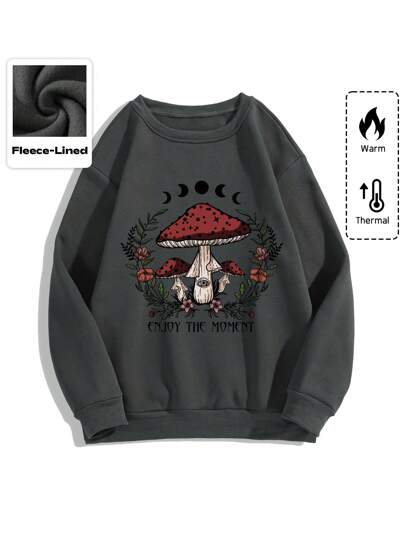 Goth Women's Drop Shoulder Mushroom & Letter Print Sweatshirt, School,Long Sleeve Tops