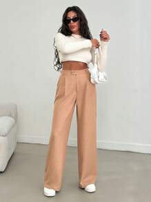 SHEIN Cottnline Women's Pleat Detailed Beige Linen Pants - Beige - View 5