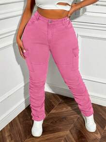 SHEIN SXY Plus Size Women Stretchy Pink Denim Fashionable Design Extra Long Slouchy Pants - Pink - View 7