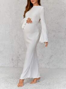 SHEIN Maternity Elegant Long Ball Gown, Black Color, Bell Sleeve, Bodycon Maxi Mermaid Dress For Pregnant Women