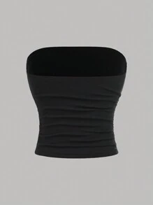 SHEIN Girlism 少女针织黑白拼色修身休闲褶皱抹胸 - 黑與白 - 查看 2