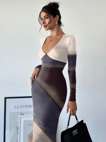 Firerie Women's Sweetheart Neck Color Block Fitted Long Sleeve Dress
