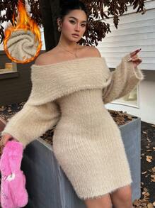 Calvaya Suéter de cuello alto de punto con hombros descubiertos, de pila larga elegante, para otoño/invierno, talla grande