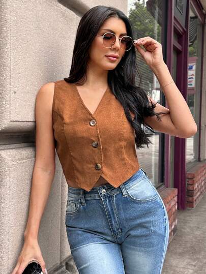 SHEIN LUNE Damer sommar Casual Vintage mörk kaki ärmlös skjorta med knapp framtill