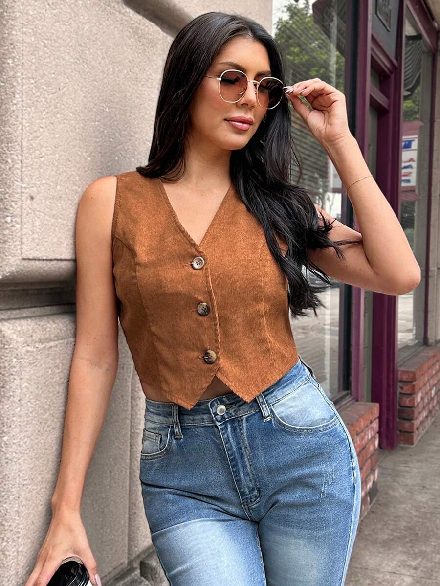 SHEIN LUNE 女式夏季休闲复古深卡其色前扣无袖衬衫 - 摩卡棕 - 查看 1