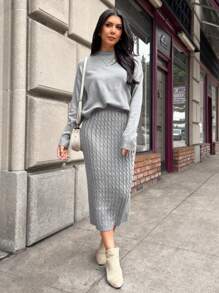 SHEIN LUNE Bộ đồ nữ 2 món: Áo và chân váy dệt kim màu xám, bộ đồ mùa đông. - Xám - Xem 5