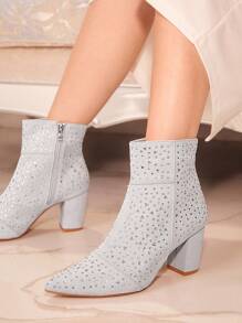 CUCCOO TILAWA Giày bốt mũi nhọn cao đến giữa bắp chân đính đá thời trang dành cho nữ cho kỳ nghỉ Giáng sinh và năm mới - Xám - Xem 11