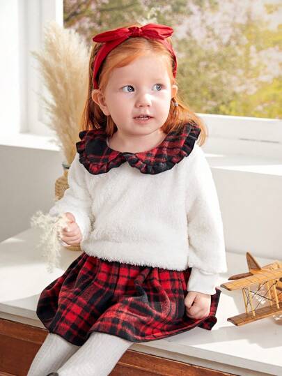 SHEIN Conjunto de 2 piezas BABYGIRL: Parte superior esponjosa con cuello con volante especial y falda tableada a cuadros, conjunto de ropa de abrigo de moda para otoño/invierno