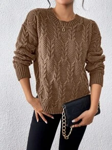 SHEIN Unity Suéter casual de unicolor con hombros caídos y bajo curvo, de manga larga, tejido, para otoño/invierno - Marrón - Ver 7