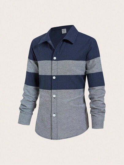 SHEIN Tween Boy Casual Sports Colorblock Contrast Collar Open Front Long Sleeve Loose Woven Shirt