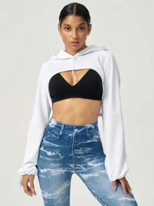 SHEIN 1件女士纯色长袖简约休闲短款卫衣 - 白色 - 查看 1