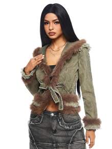 ROMWE Grunge Punk Women Furry Patchwork Denim Jacket/Coat - Army Green - View 5