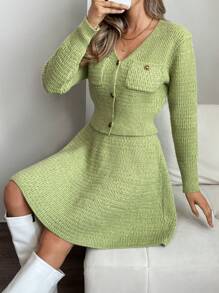 SHEIN Clasi 2pcs Women Solid Color Front Button Pocket Blouse And Skirt Sweater Set