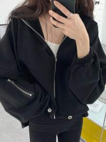 INAWLY 女士纯色前拉链长袖连帽衫，休闲日常、毕业、教师、返校季套头衫，秋季款 - 黑色 - 查看 1