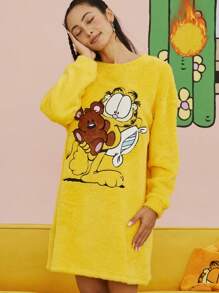 GARFIELD | SHEIN Women Yellow Christmas New Year Eve Cute Casual Embroidered Cartoon Pattern Drop Shoulder Loose Double Fleece Sleep Dress Warm Cold Weather Thermal Fluffy Winter Fleece Holiday Sleep Dress, Fall/Winter, Cozy - Yellow - View 3