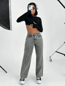 HIGH WAIST GREY STRAIGHT MEDIUM JEAN