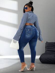 SHEIN SXY Quần Jeans Skinny Fit Co Giãn Giặt Sẵn Cỡ Lớn Cho Nữ - Rửa tối - Xem 1