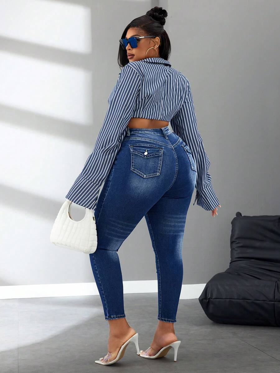 SHEIN SXY Quần Jeans Skinny Fit Co Giãn Giặt Sẵn Cỡ Lớn Cho Nữ - Rửa tối - Xem 1