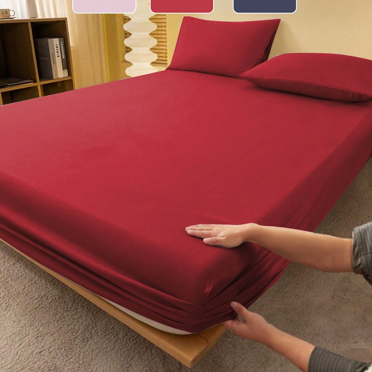 Pieza Sábana ajustable de color rojo vino sólido, protector de colchón, funda de colchón, sábana ajustable, suave y transpirable, se ajusta a var