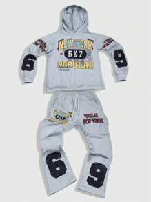 ROMWE MEN Prep 2pcs Men's Racing Letter Print Minimalist Hoodie And Pants Tracksuit - Multicolor - View 1