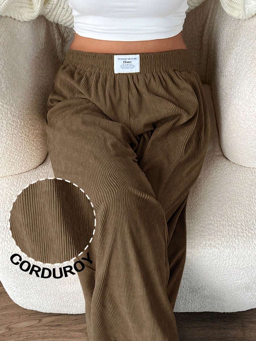 SHEIN EZwear Pantalones anchos de pana color caqui de cintura alta para mujer de talla grande, con bolsillos y diseño de parche, aptos para escuela, uso diario, trabajo en interiores, otoño e invierno