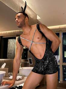 Set de 2 piezas para hombre con estampado de estrella y disfraz sexy: mono y cofia - Negro - Ver 2