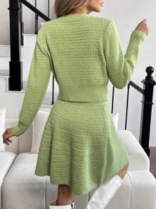 SHEIN Clasi 2pcs Women Solid Color Front Button Pocket Blouse And Skirt Sweater Set