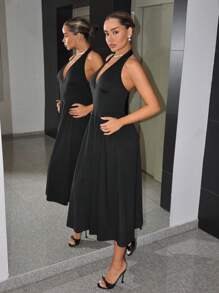 SHEIN ICON 1pc Women Halter Neck Solid Color Backless Elegant Sleeveless Dress - Black - View 4