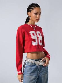 Coolane Women's Fall/Winter Basic Number Printed Keep Warm Red Round Neck Long Sleeve Crop Sweater