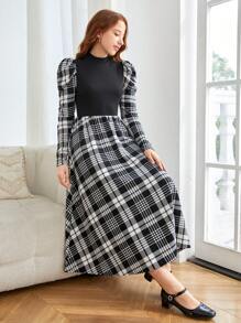 SHEIN 少女黑白立领 A 字型中长连衣裙，带几何图案和羊腿袖，适合户外和派对穿着 - 黑色 - 查看 4