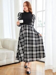 SHEIN 少女黑白立领 A 字型中长连衣裙，带几何图案和羊腿袖，适合户外和派对穿着 - 黑色 - 查看 7