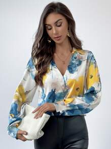 SHEIN Privé Women Elegant Multi-Color Tie-Dye Floral Print Casual Blouse, Suitable For Work And Daily Wear - Multicolor - View 4