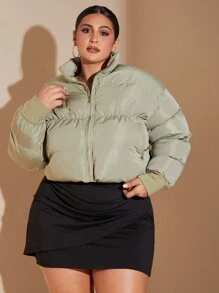 SHEIN BAE Plus Size Women Winter Casual Hiking Sage Green Quilted Front Zipper Wadded Padded Coat,Sweet Girl Patchwork Ribbed Cuff And Collar Warm Short Jacket - Green - View 1