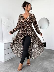 Elenzga 2 件套大码女式豹纹雪纺长袖 V 领上衣配腰带和紧身裤套装 - 彩色 - 查看 7