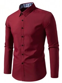 Manfinity Mode 1pc Men's Button Front Long Sleeve Minimalist Top, Fall - Red - View 5